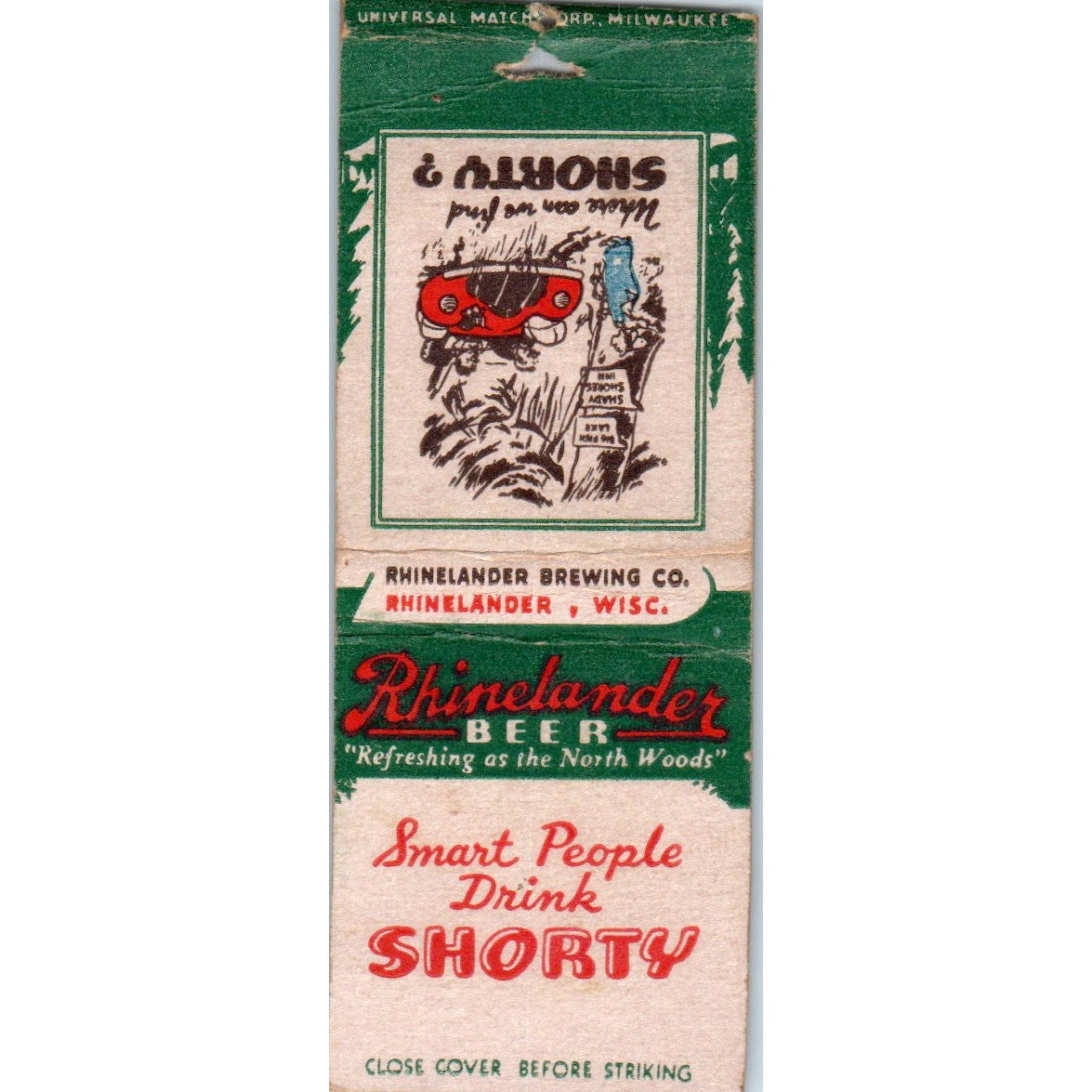 Shorty Beer Rhinelander WI Vintage Matchbook Cover SD4-Y13