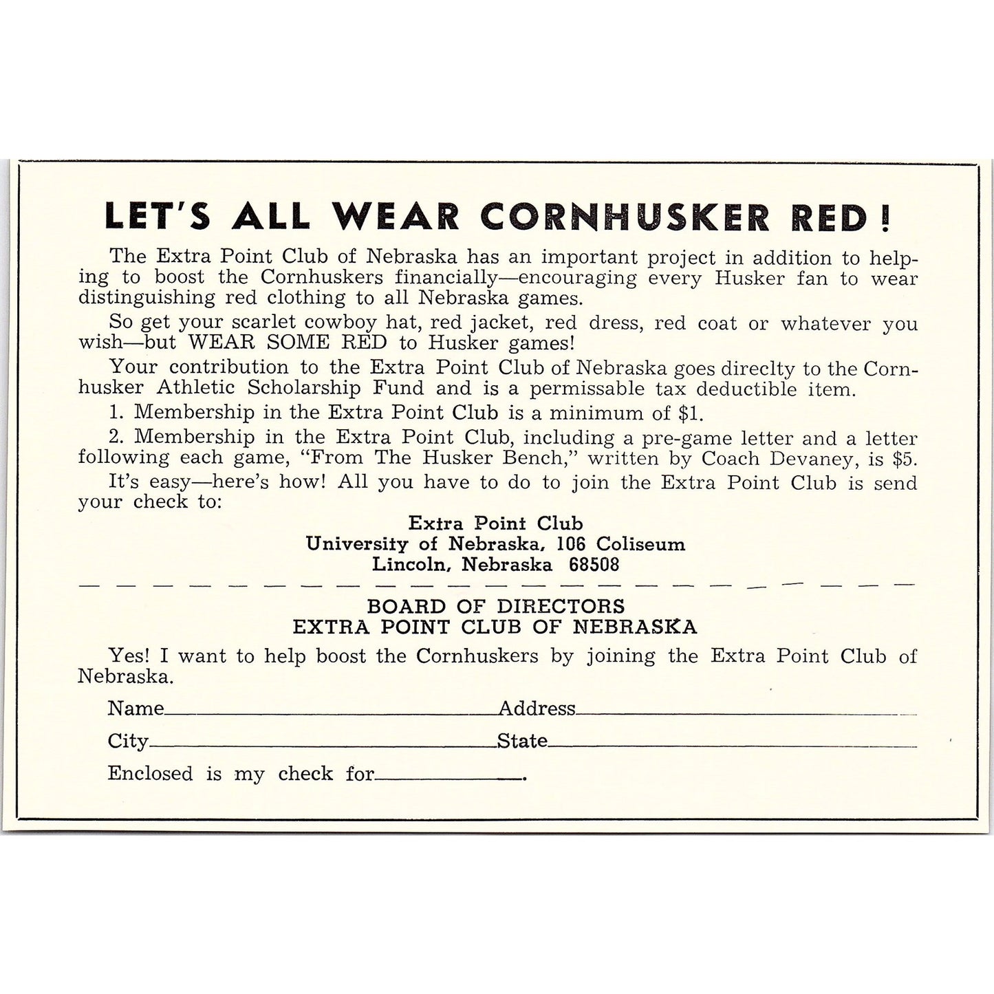 Cornhuskers Football Extra Point Club Subscription Form 1964 Clipping AG7-3