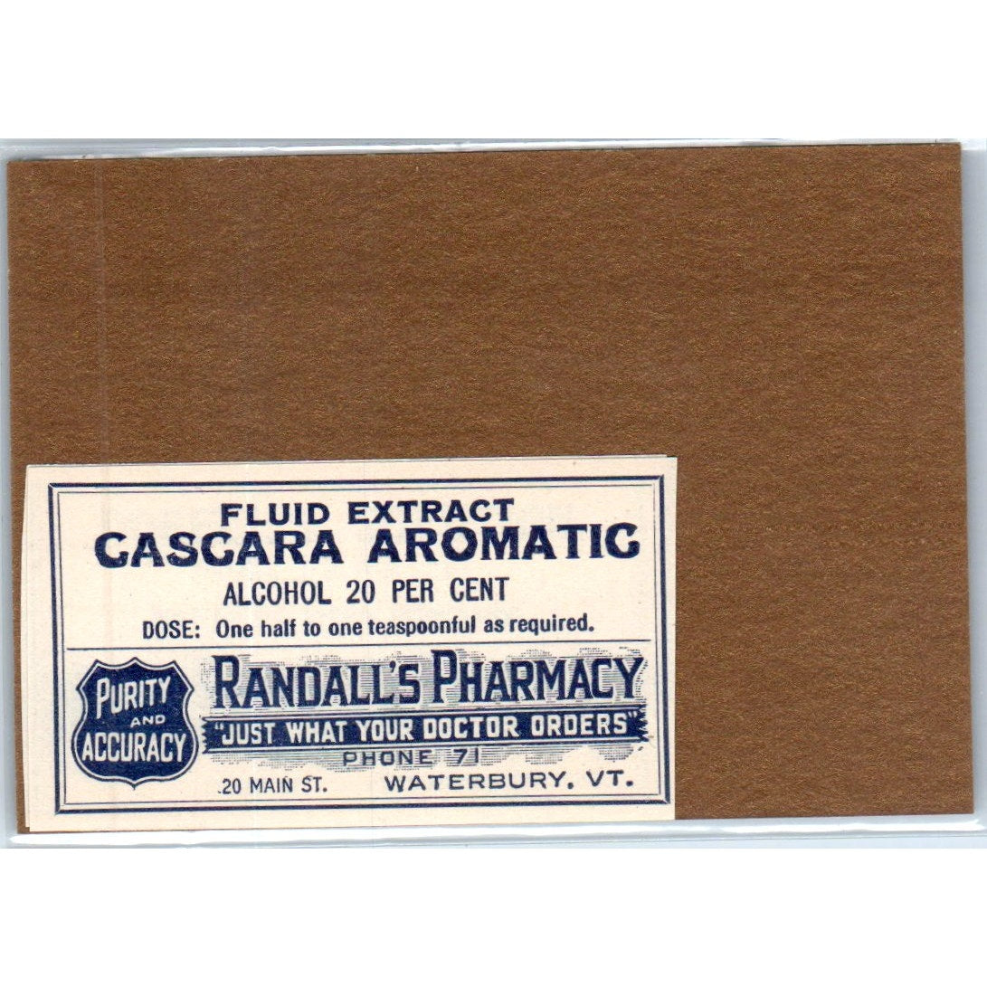 Randall's Pharmacy Waterbury VT Cascara Aromatic Antique Apothecary Label TH2-AL