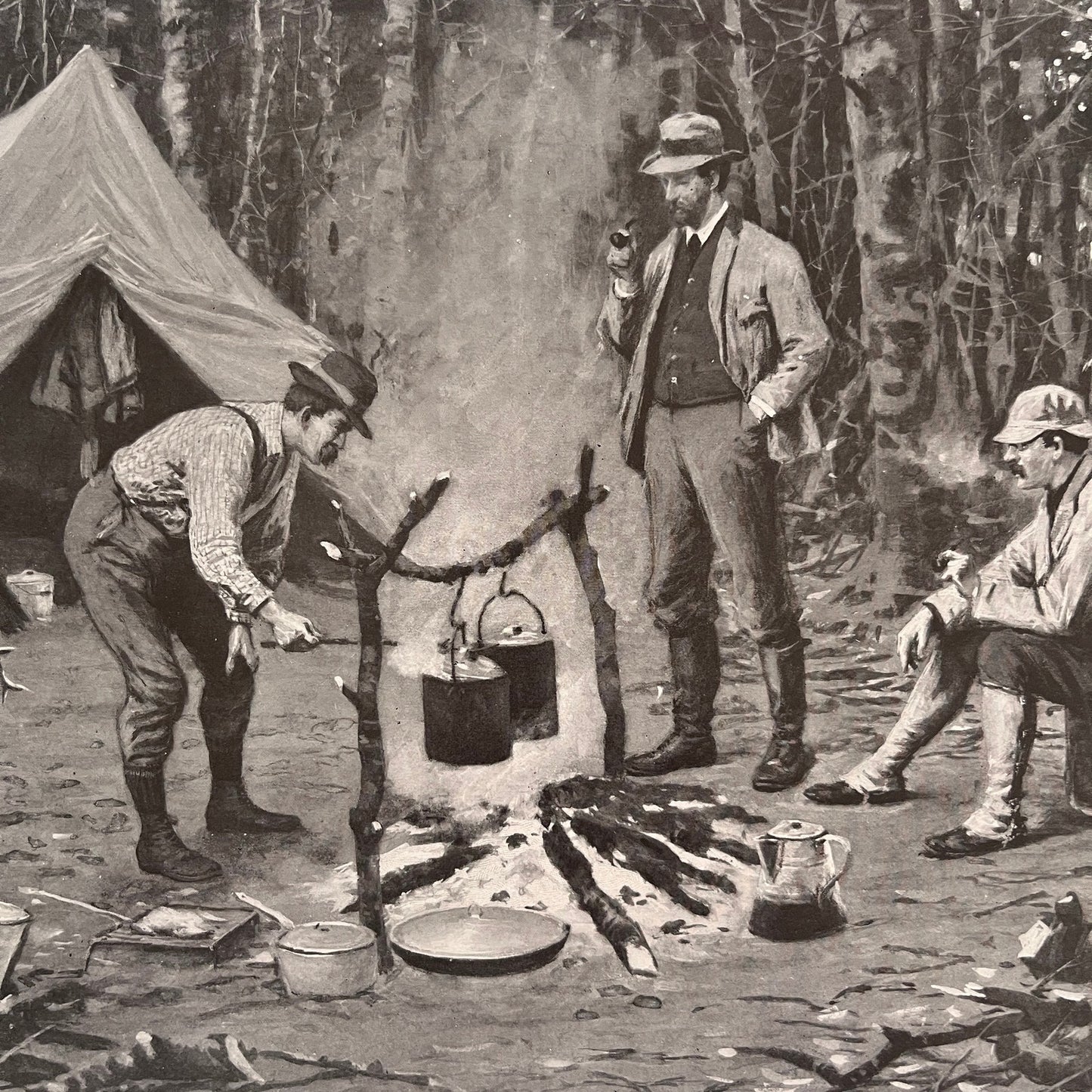 Supper in Camp - Camping Scene - Original 1904 A.B. Frost Art Print V26-4