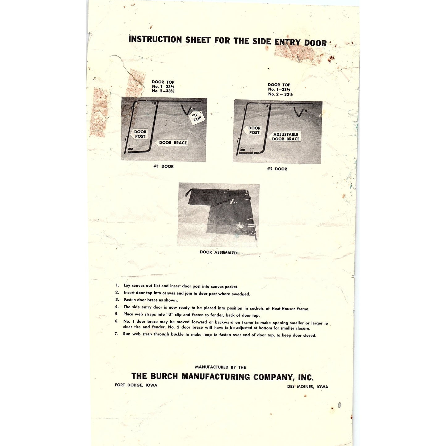The Burch Manufacturing Co Side Entry Door Instructions Fort Dodge IA AG5-2