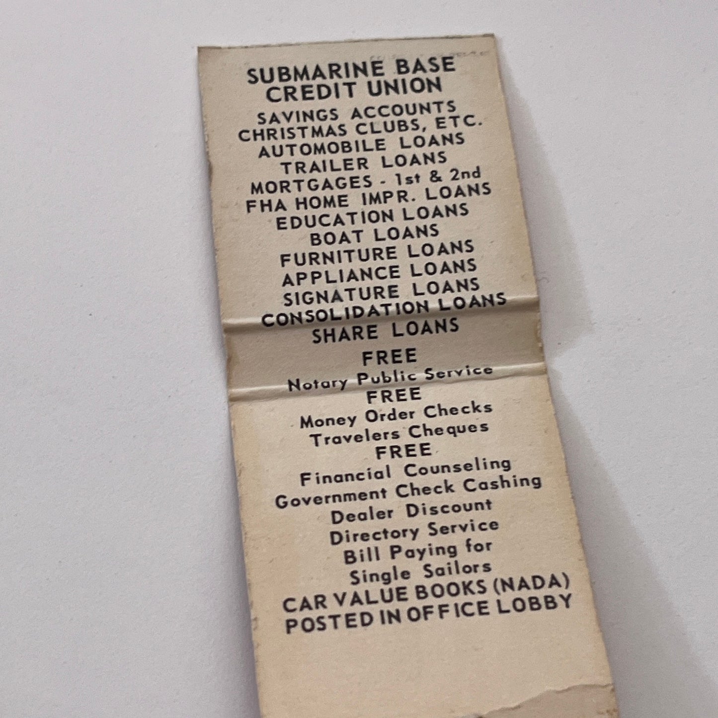 Submarine Base Credit Union Groton CT Vintage Matchbook Cover TB8-MB-10