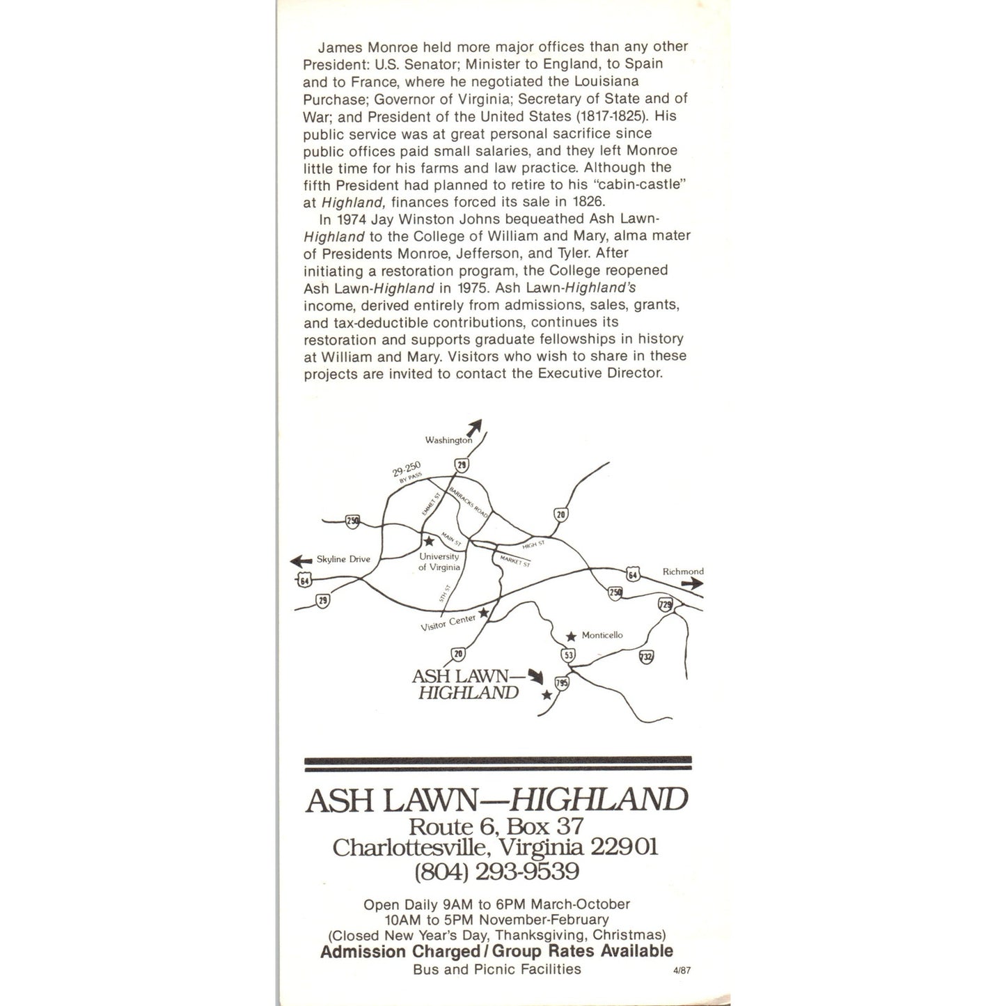 Vintage Ash Lawn Highland James Monroe Home Charlottesville VA Info Card TH2-O1
