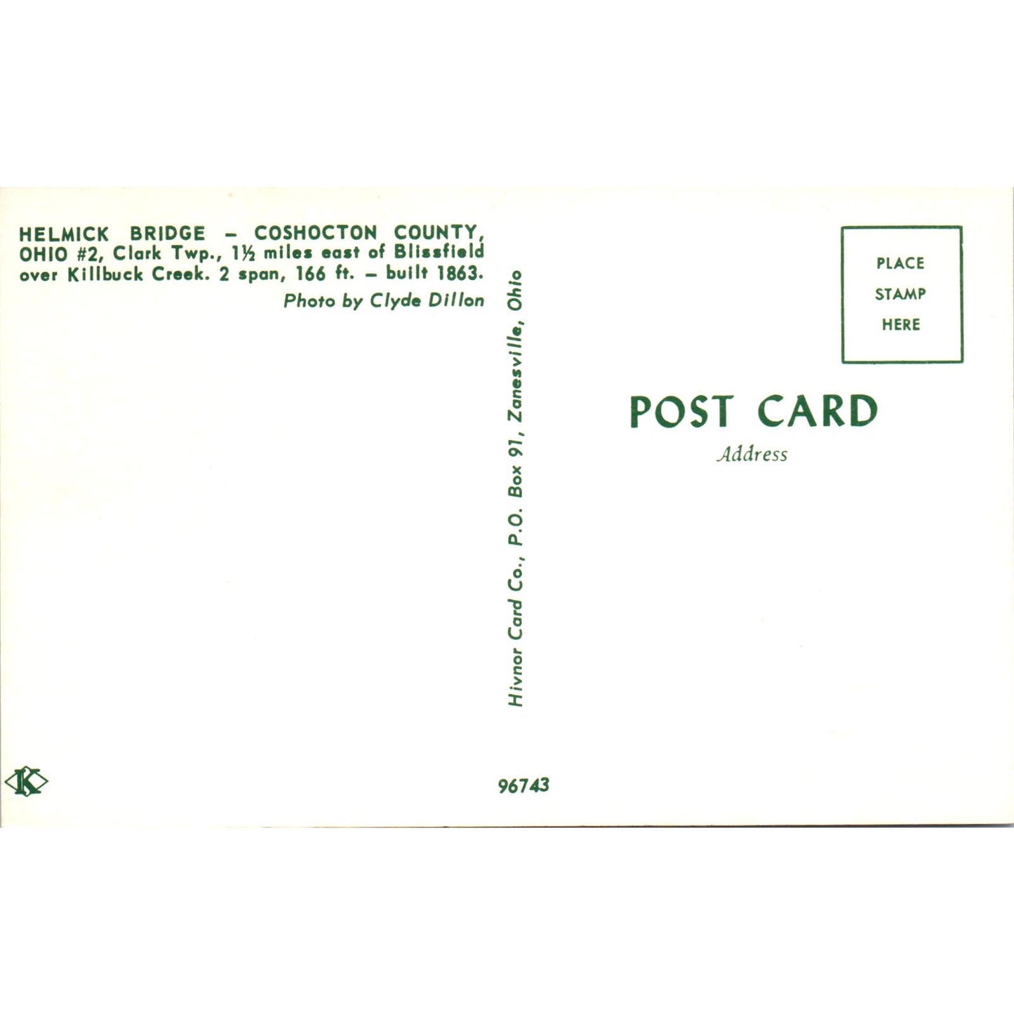 Helmick Bridge Coshocton County Ohio #2 Covered Bridge Postcard PB12