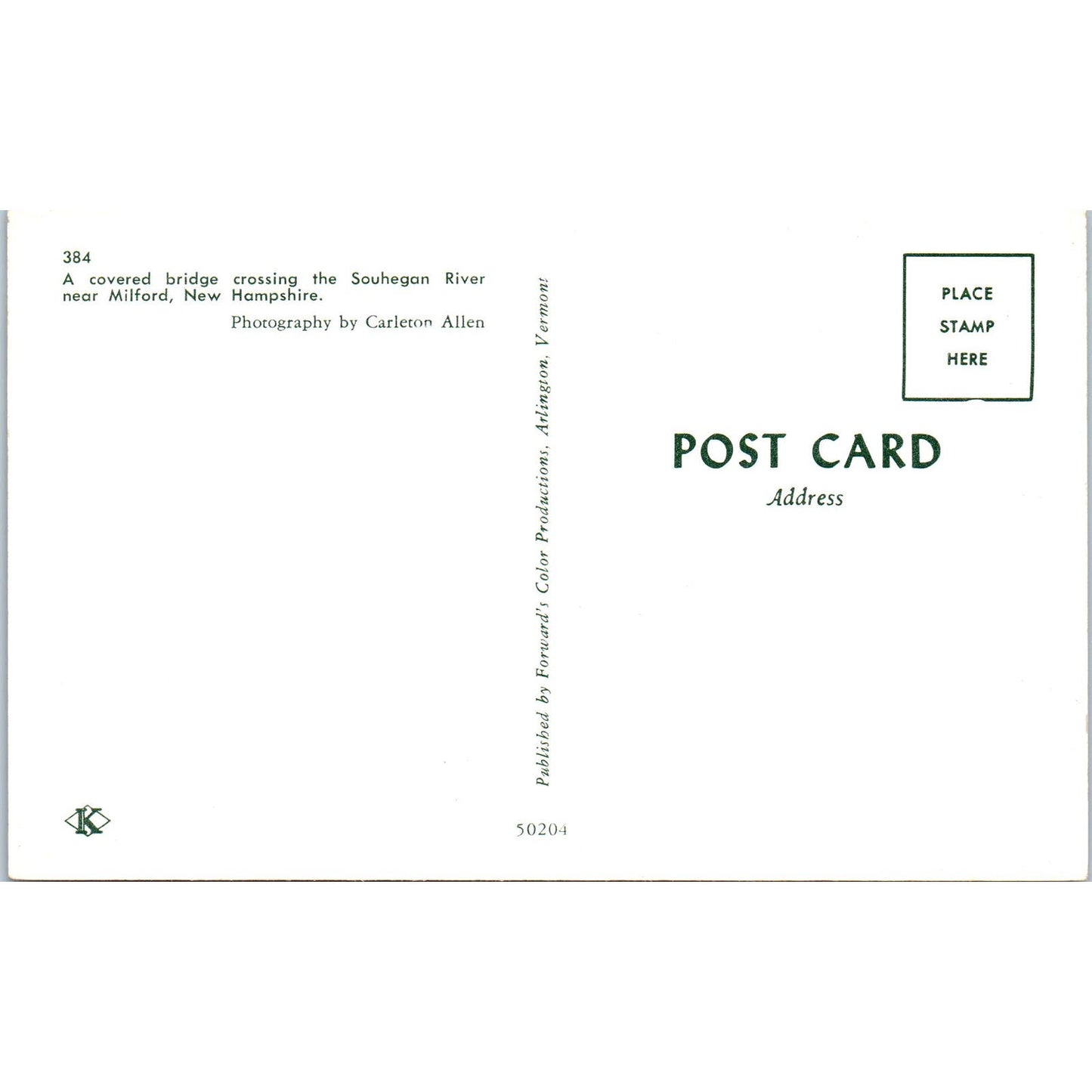 Souhegan River Milford Indiana Covered Bridge Postcard PC7