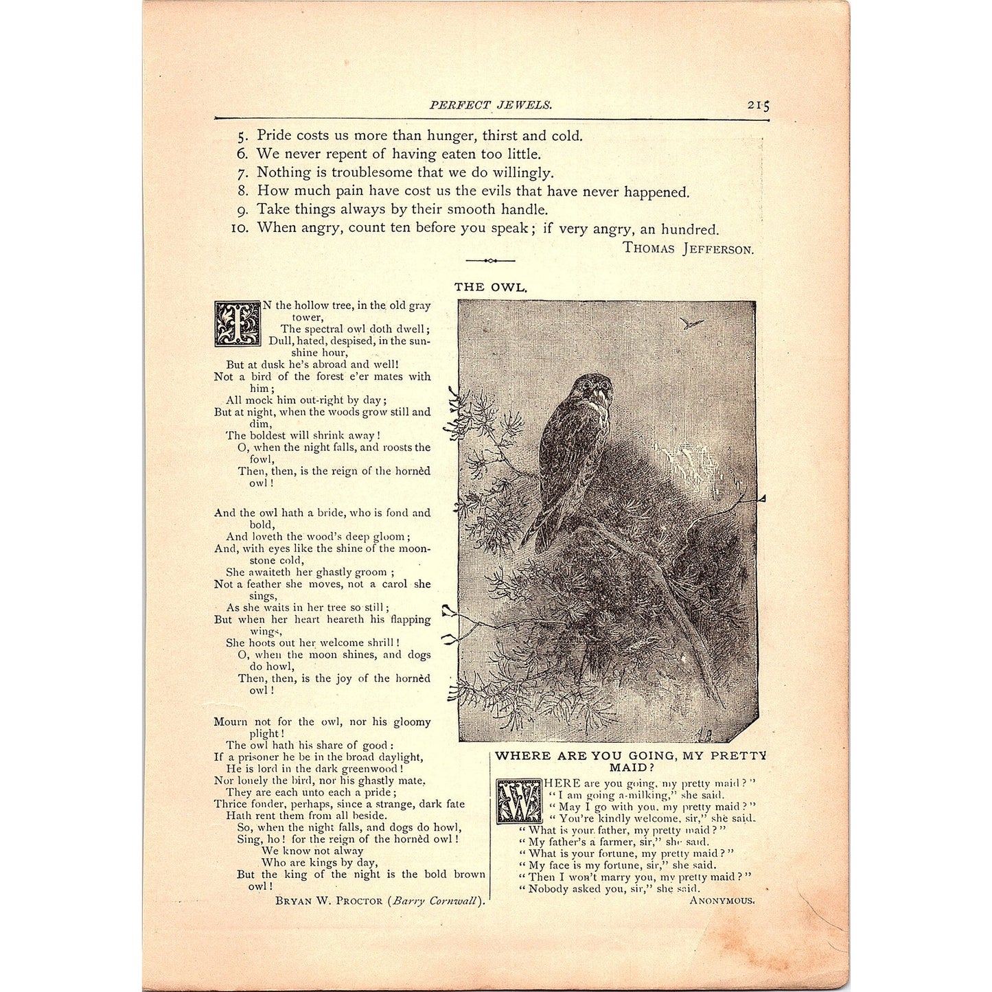 The Owl - Bryan W Proctor, Prose & Song John Sterling 1884 Poem TA5-CJ-2