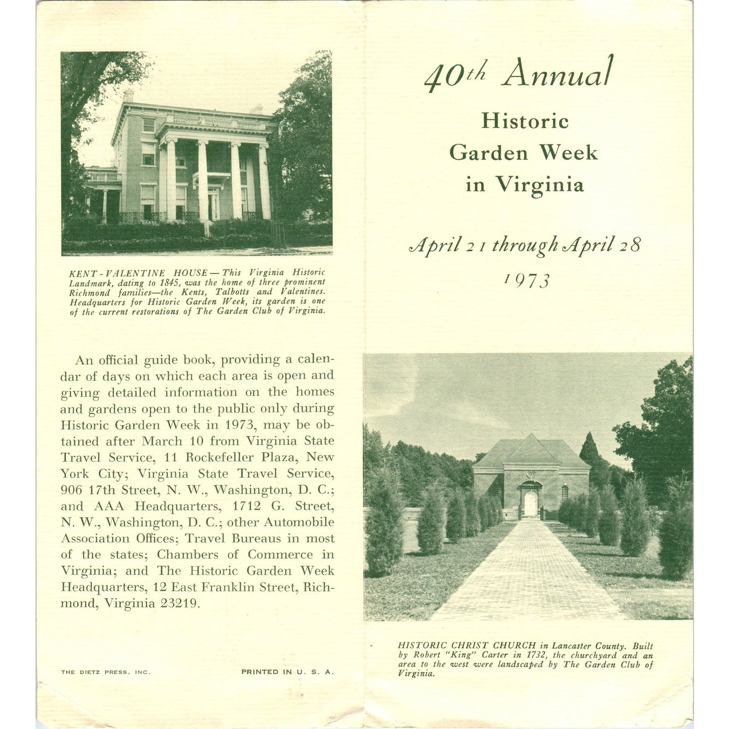 1973 40th Annual Historic Garden Week in Virginia Travel Brochure TF4-B1
