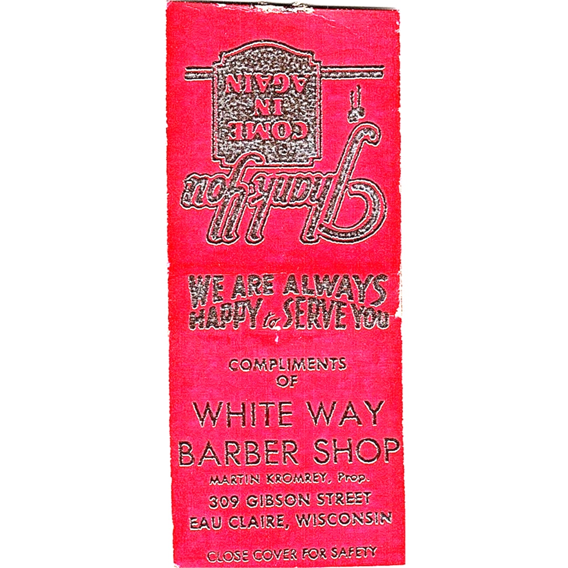 White Way Barber Shop Eau Claire WI Vintage Matchbook Cover SC7-Y10