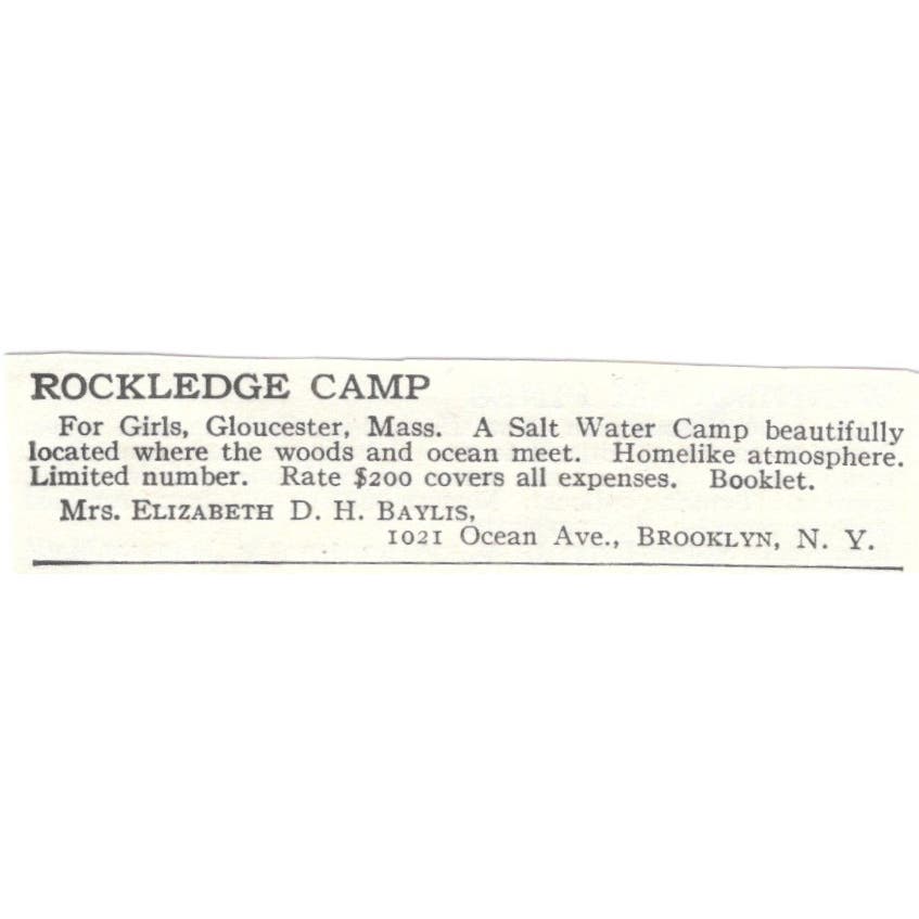 Rockledge Camp Gloucester MA Elizabeth D.H. Baylis c1918 Advertisement AE5-SA10