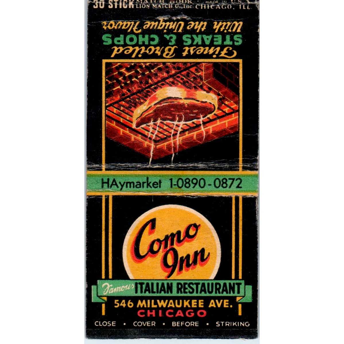 Como Inn Italian Restaurant Chicago Vintage Matchbook Cover SF4-Y6