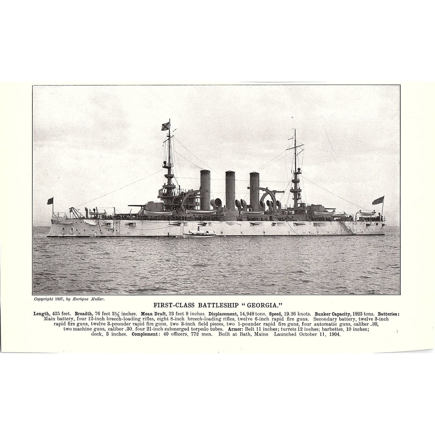 First Class Battleship New Jersey & Georgia Double Sided 1910 Print AF6-20