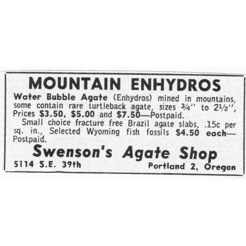 Swenson's Agate Shop Mountain Enhydros Portland OR 1964 Magazine Ad AK6-S8