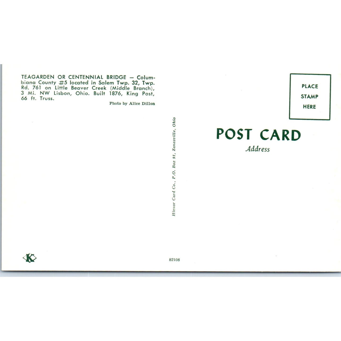 Teagarden Centennial Bridge Columbiana County #5 Covered Bridge Postcard PB11