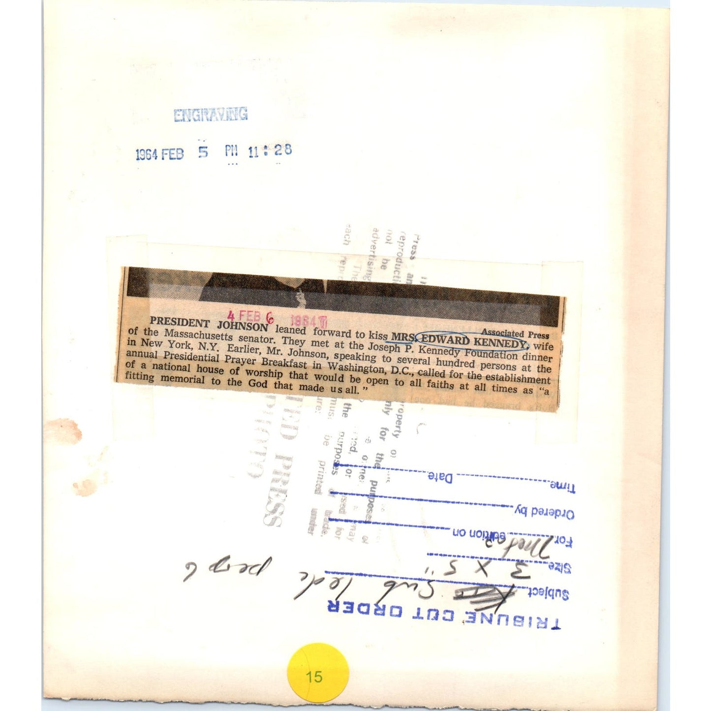 President Johnson Kissing Mrs. Edward Kennedy 1964 7x9 Original Press Photo D1-P