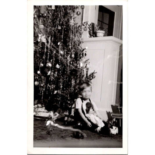 1946 Boy With Doll Under Christmas Tree West Salem WI 4x6" Original Photo AI9-H4