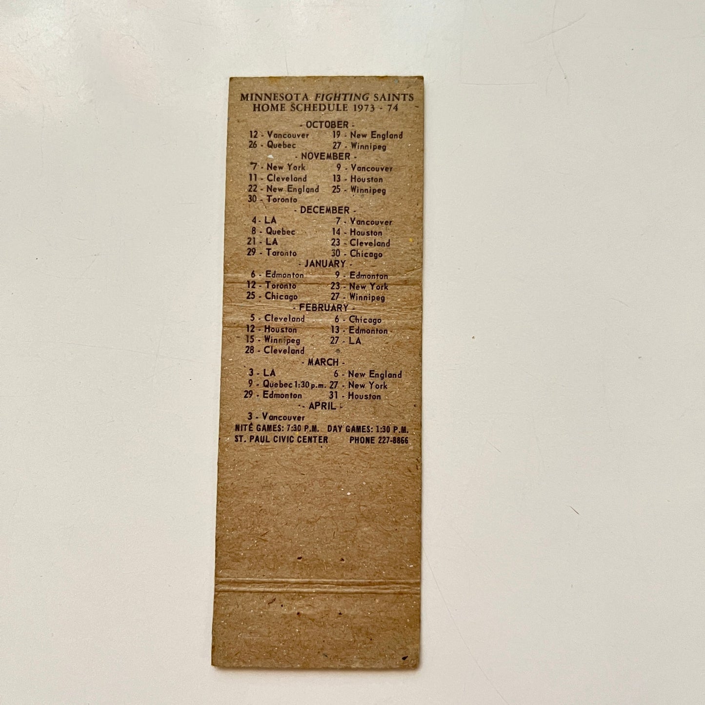Minnesota Fighting Saints Hockey Schedule 1973-74 Vintage Matchbook Cover MB57-6