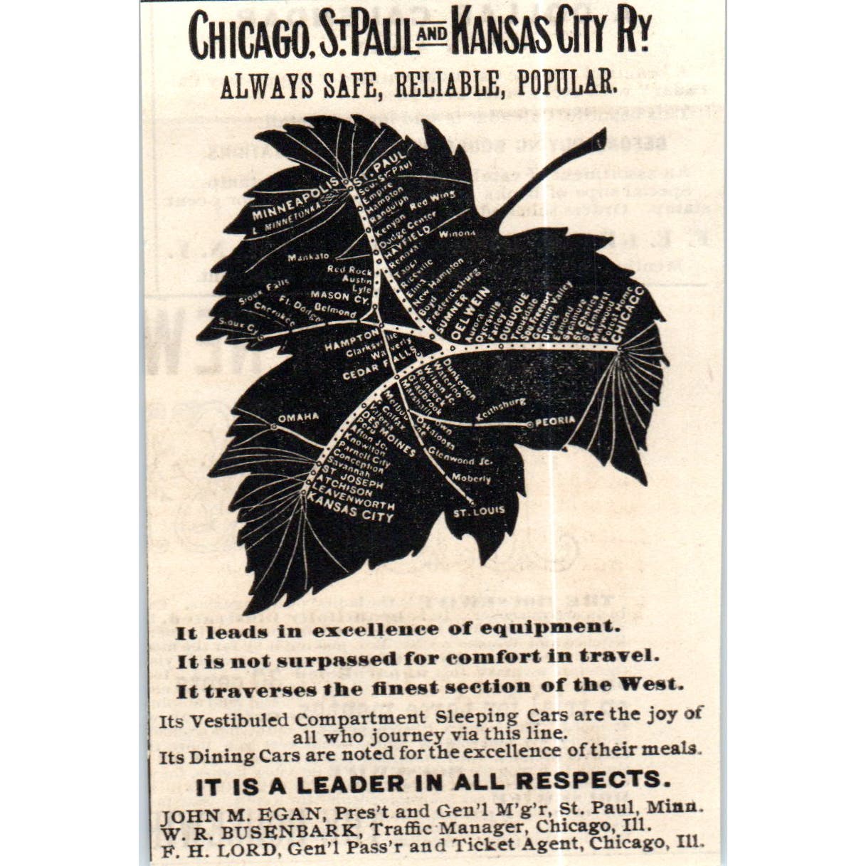 Chicago St. Paul and Kansas City Railway John M. Egan c1890 Victorian Ad AE8-CH5