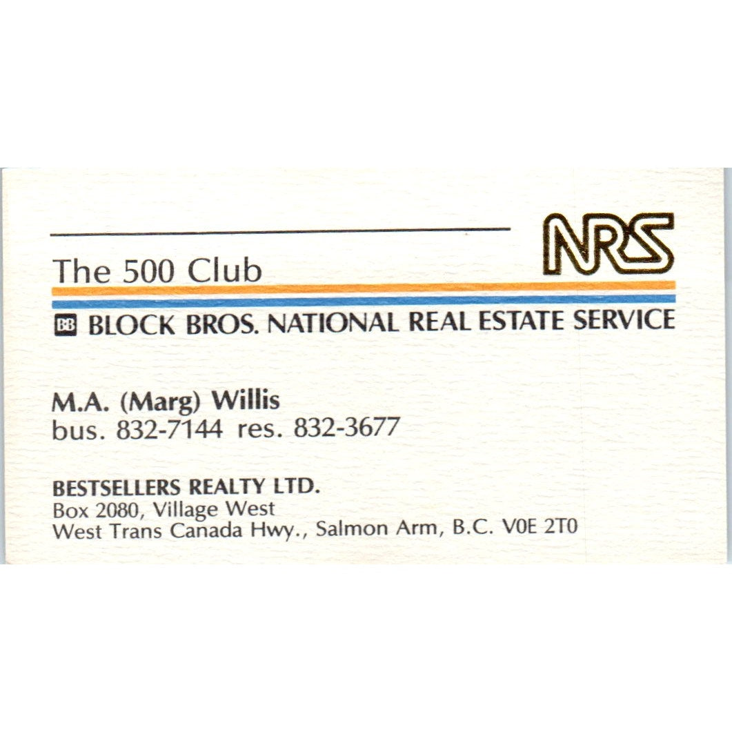 M.A. Marg Willis Block Bros Real Estate Salmon Arm BC Vtg Business Card SD8-B2