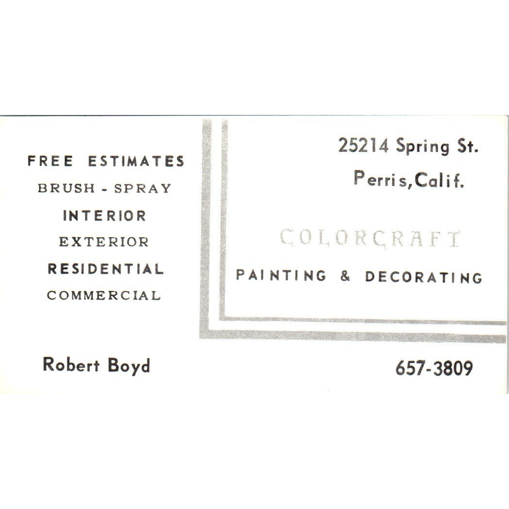Colorcraft Painting & Decorating Robert Boyd Perris CA Vtg Business Card SD8-B14