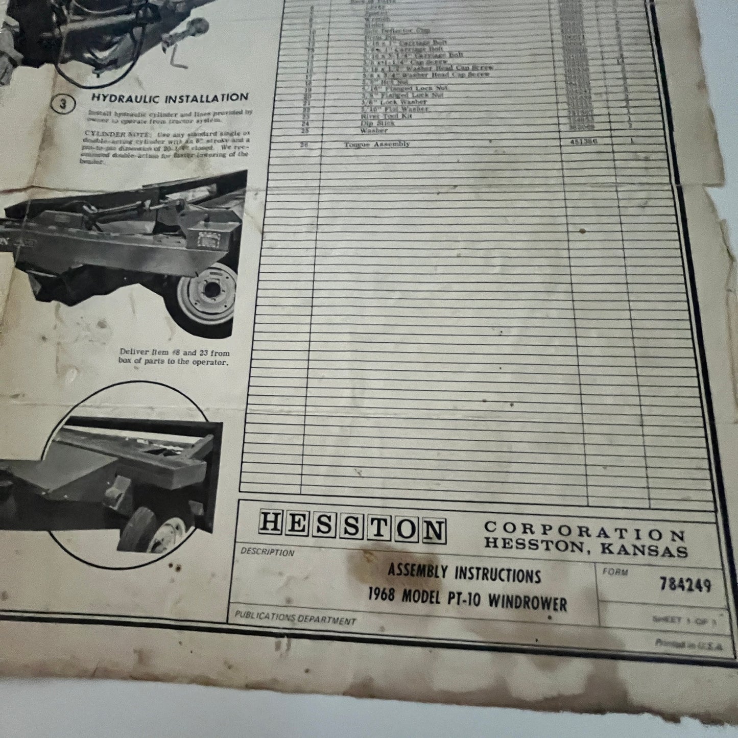 Hesston 1968 Model PT-10 Windrower Assembly Instructions Hesston Kansas J23