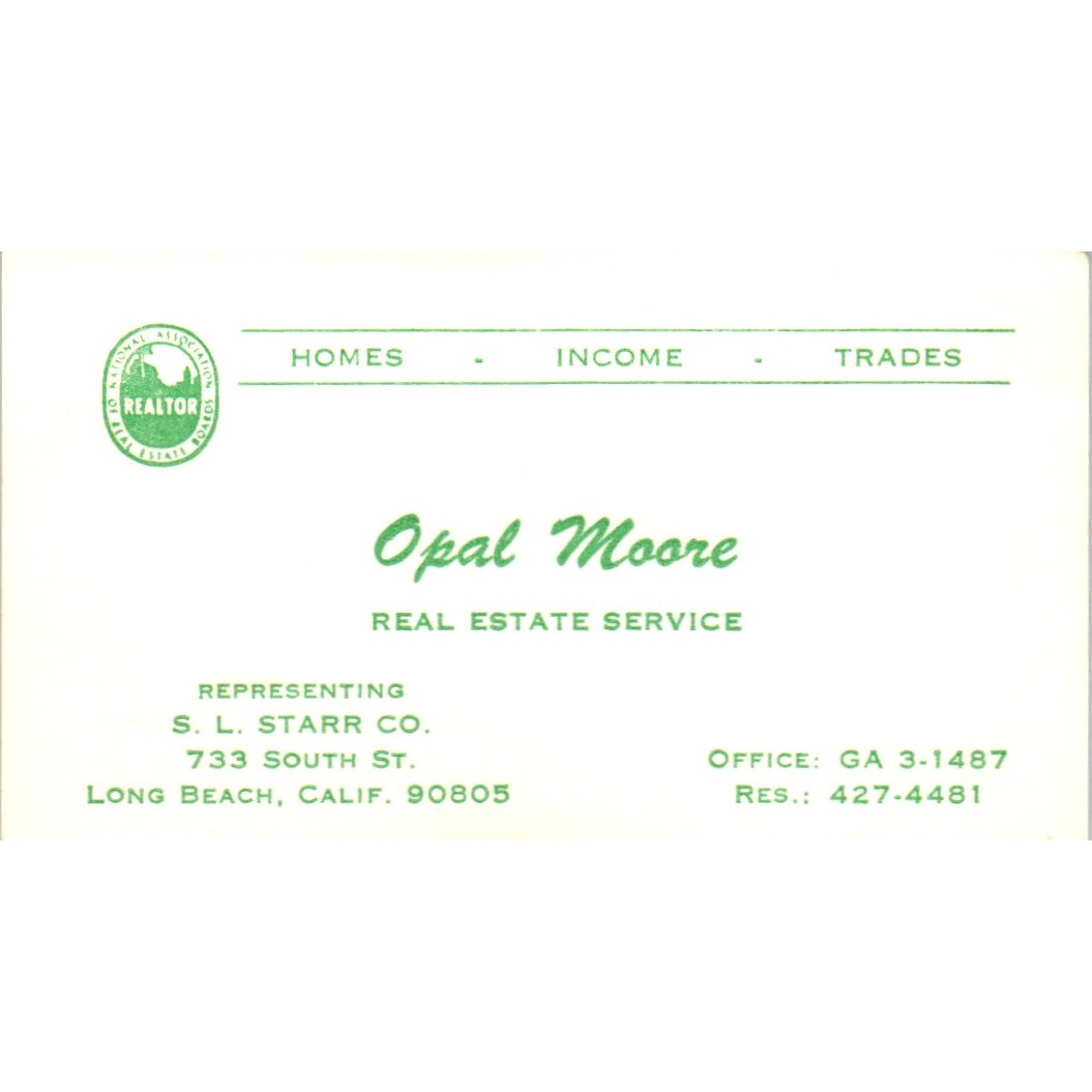 Opal Moore Real Estate S.L. Starr Co Long Beach CA Vintage Business Card SD8-B1