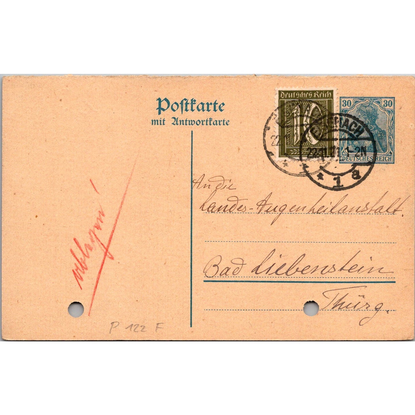 Lander Eye Hospital Bad Liebenstein 1925 German Reich Postcard TE2-GRP