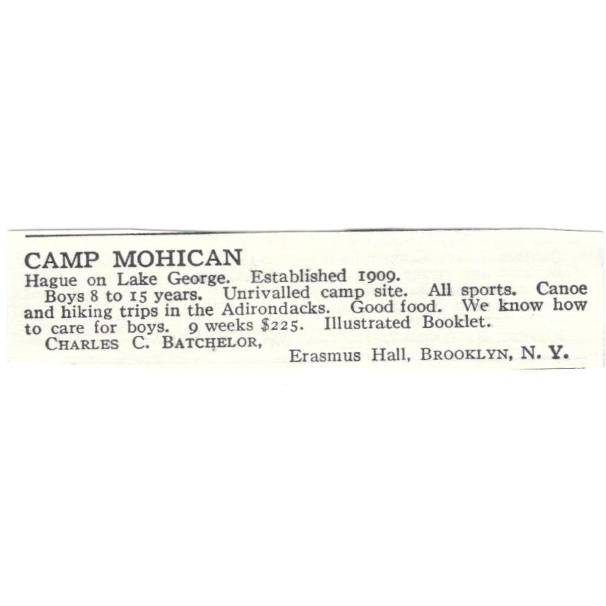Camp Mohican Hague on Lake George Charles Batchelor c1918 Advertisement AE5-SA6