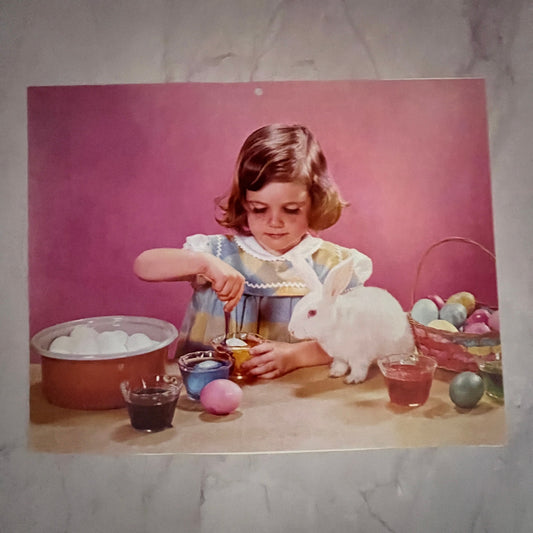 1973 Kitsch Little Girl Dying Eggs Easter Scene 8x10" Art Print V23