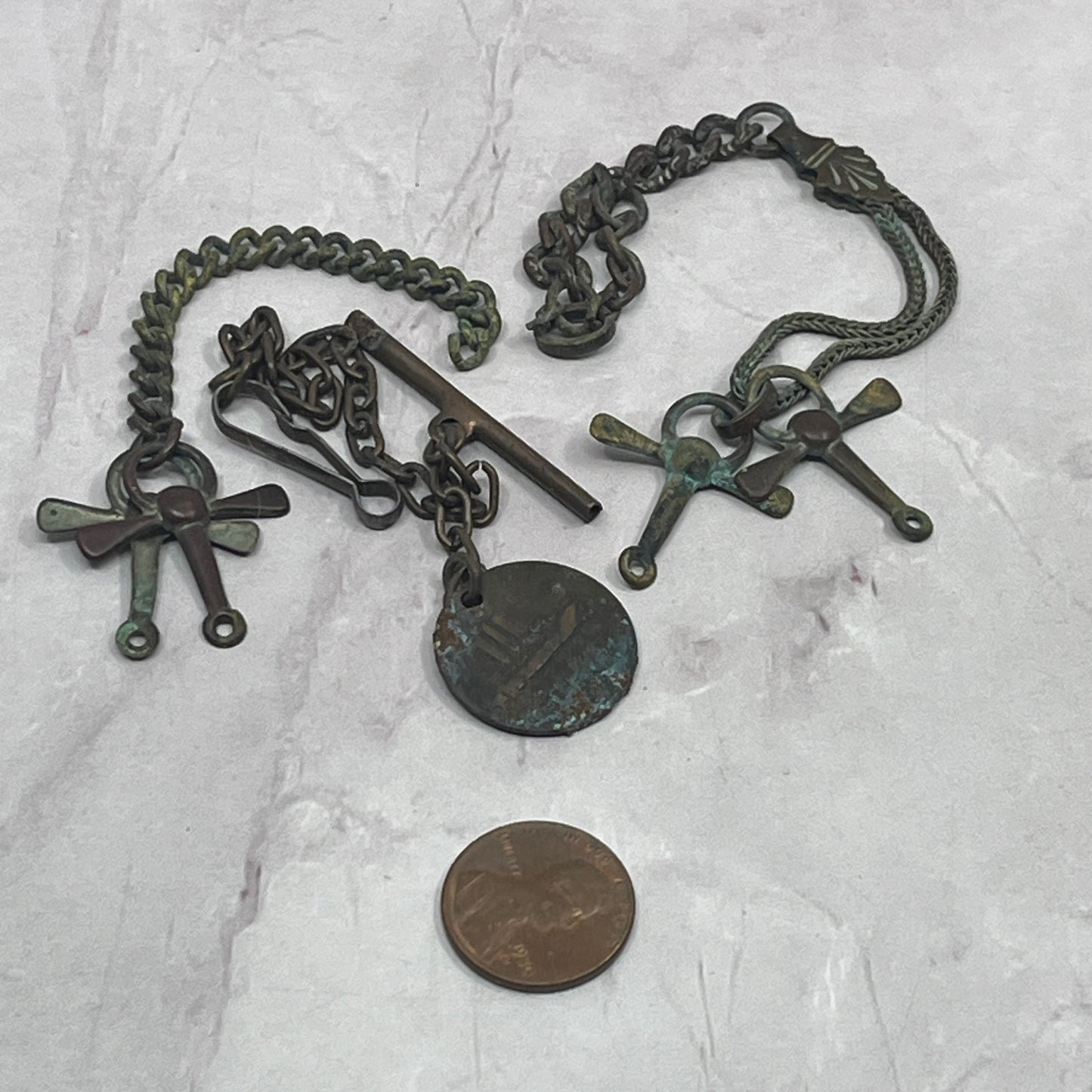 c1907 Great White Fleet Copper Metal Medallion Watch Fob & Cross Chains SB7