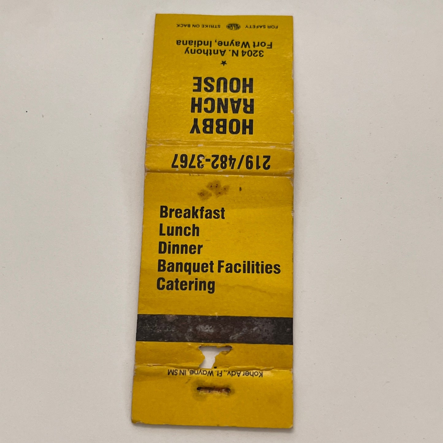 Hobby Ranch House 3204 N. Anthony Fort Wayne IN Vintage Matchbook TB6-MB2-15