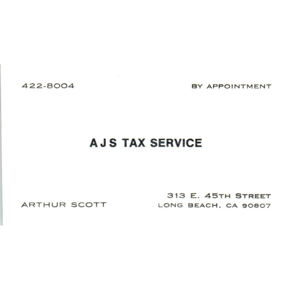 AJs Tax Service Arthur Scott Long Beach CA Vintage Business Card SD8-B9