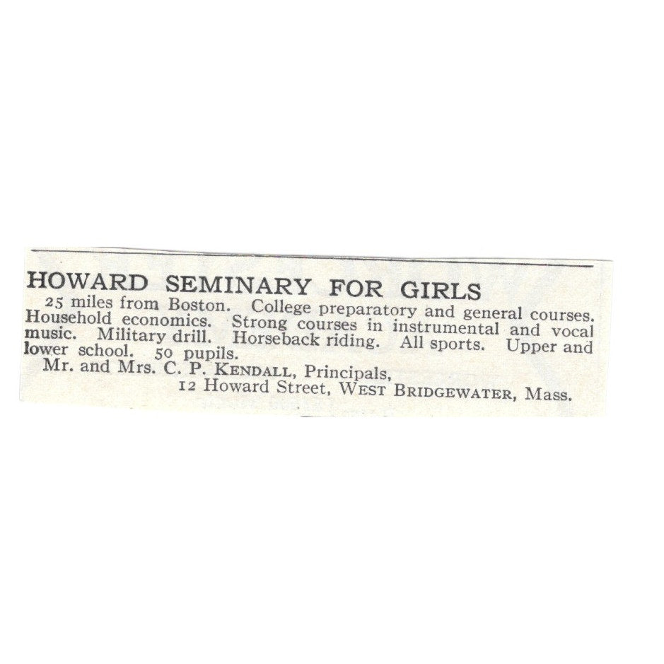 Howard Seminary for Girls West Bridgewater MA Mr CP Kendall c1920 Ad SAG4-S2