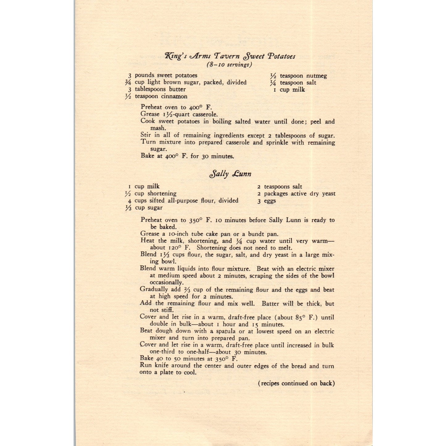 1970s Recipes from the King's Arms Tavern Williamsburg VA Travel Pamphlet TF4-BD