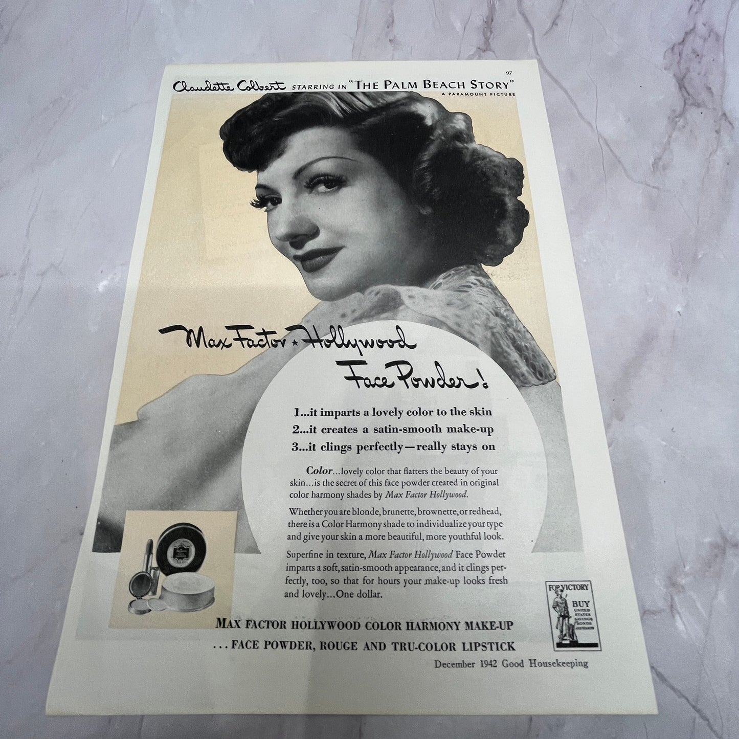 1942 Max Factor Hollywood Claudette Colbert The Palm Beach Story 8x10" V22