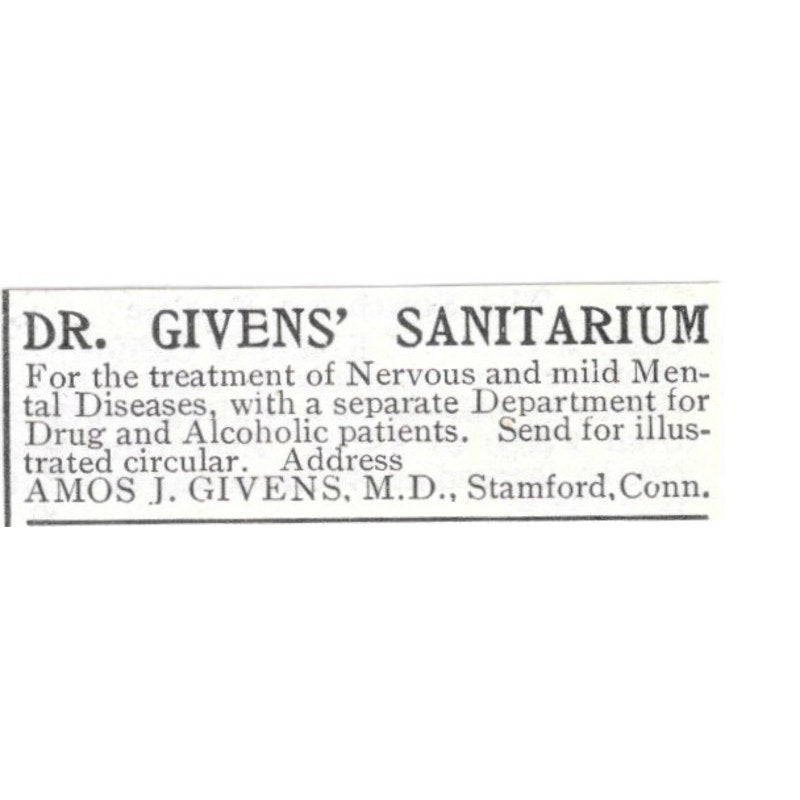 Dr. Givens Sanitarium Amos J Givens Stamford CT 1903 Ad AG3-S13