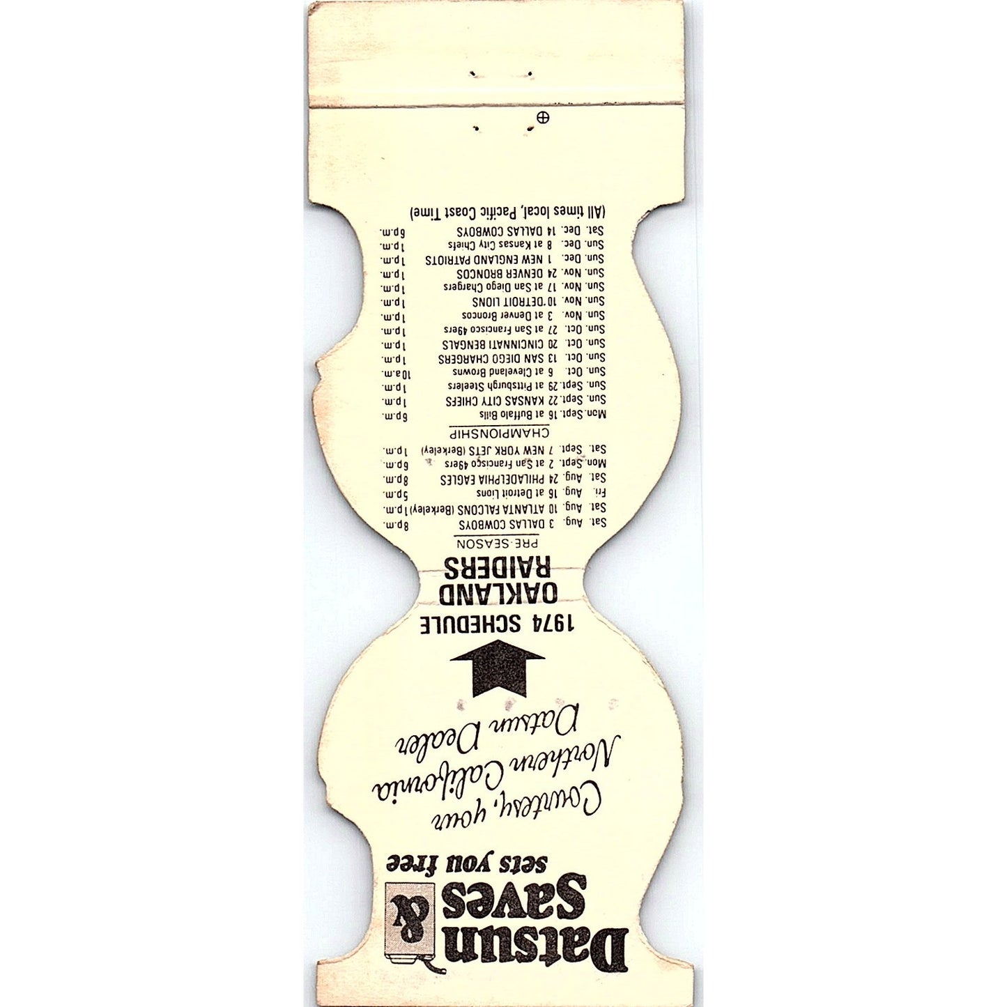 Oakland Raiders 1974 Schedule Datsun Saves Vintage Matchbook MM4-10