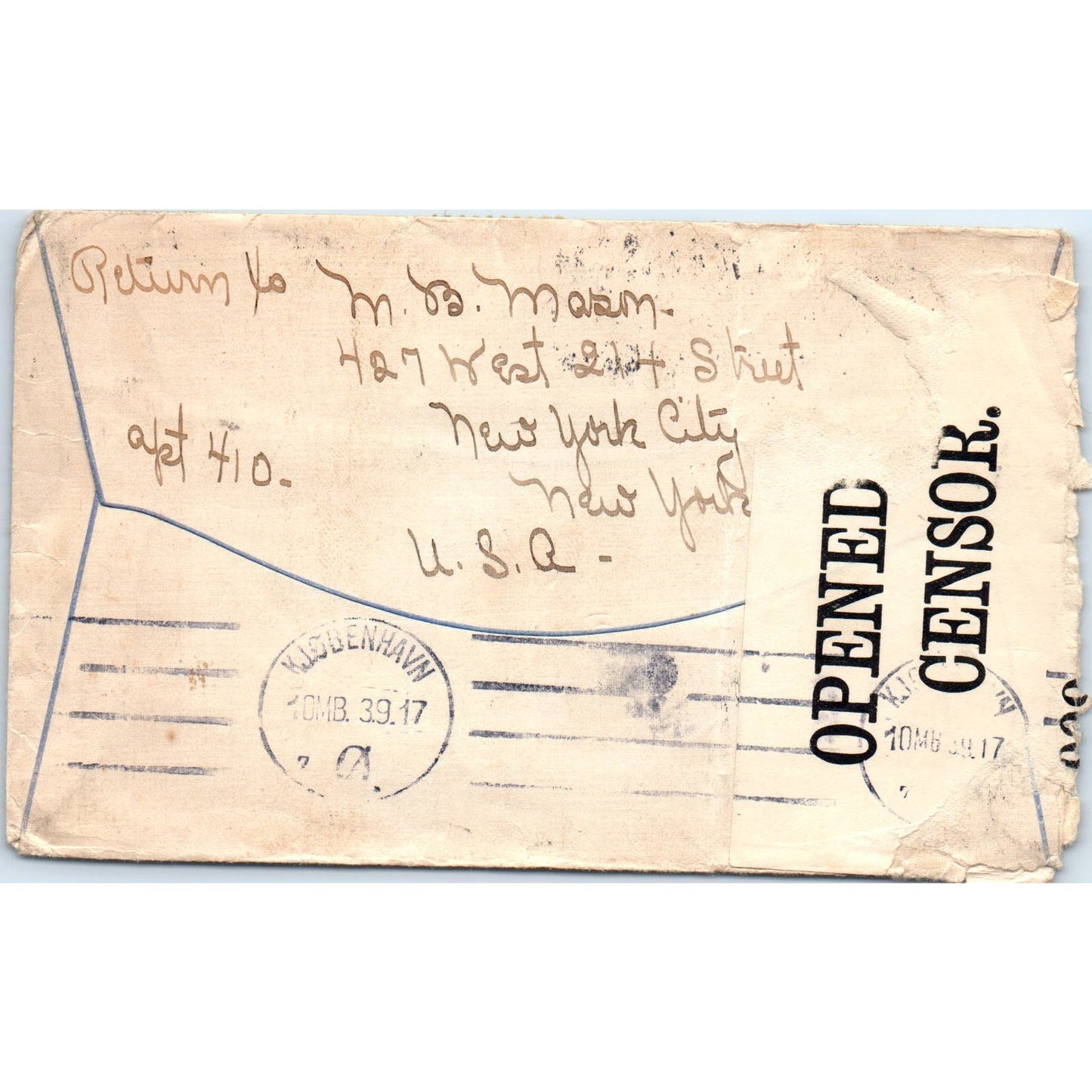 1917 New York City Copenhagen Denmark Carl Johansgade Postal Cover Envelope AE7