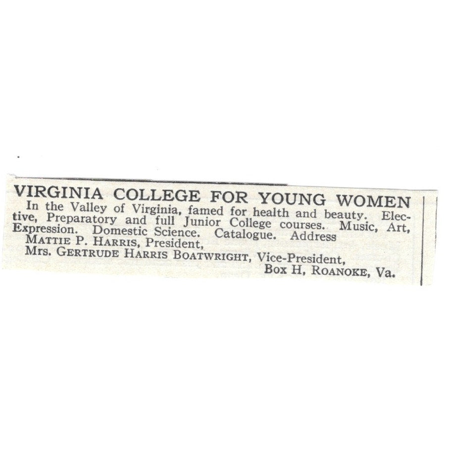 Virginia College for Young Women Roanoke VA Gertrude Boatwright c1920 Ad SAG4-S5