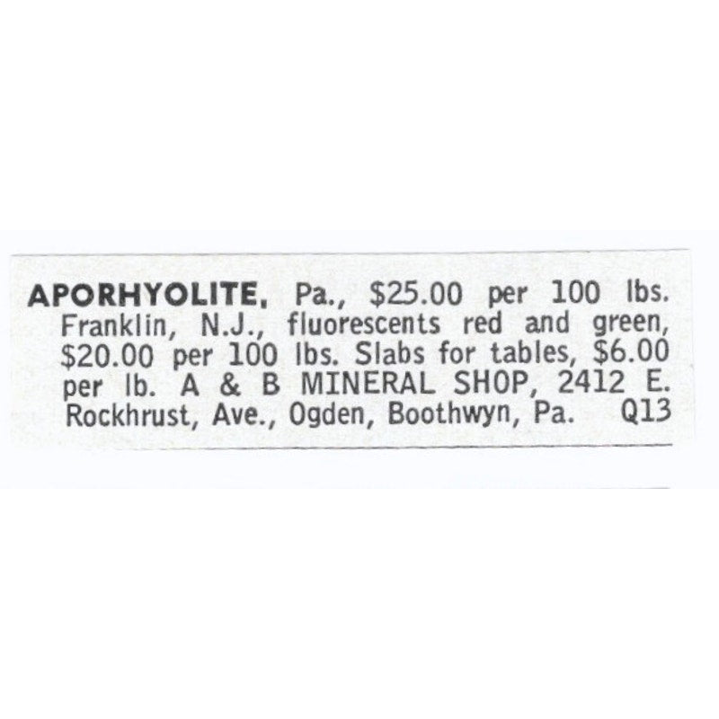 A&B Mineral Shop Aporhyolite Boothwyn PA 1964 Magazine Ad AB6-LJS5