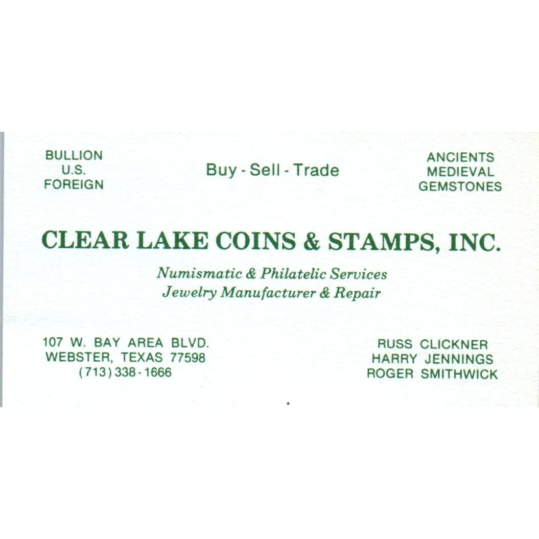 BJ's Rock & Gem Shop, Clear Lake Coins & Stamps Webster TX Business Card SD8-B6