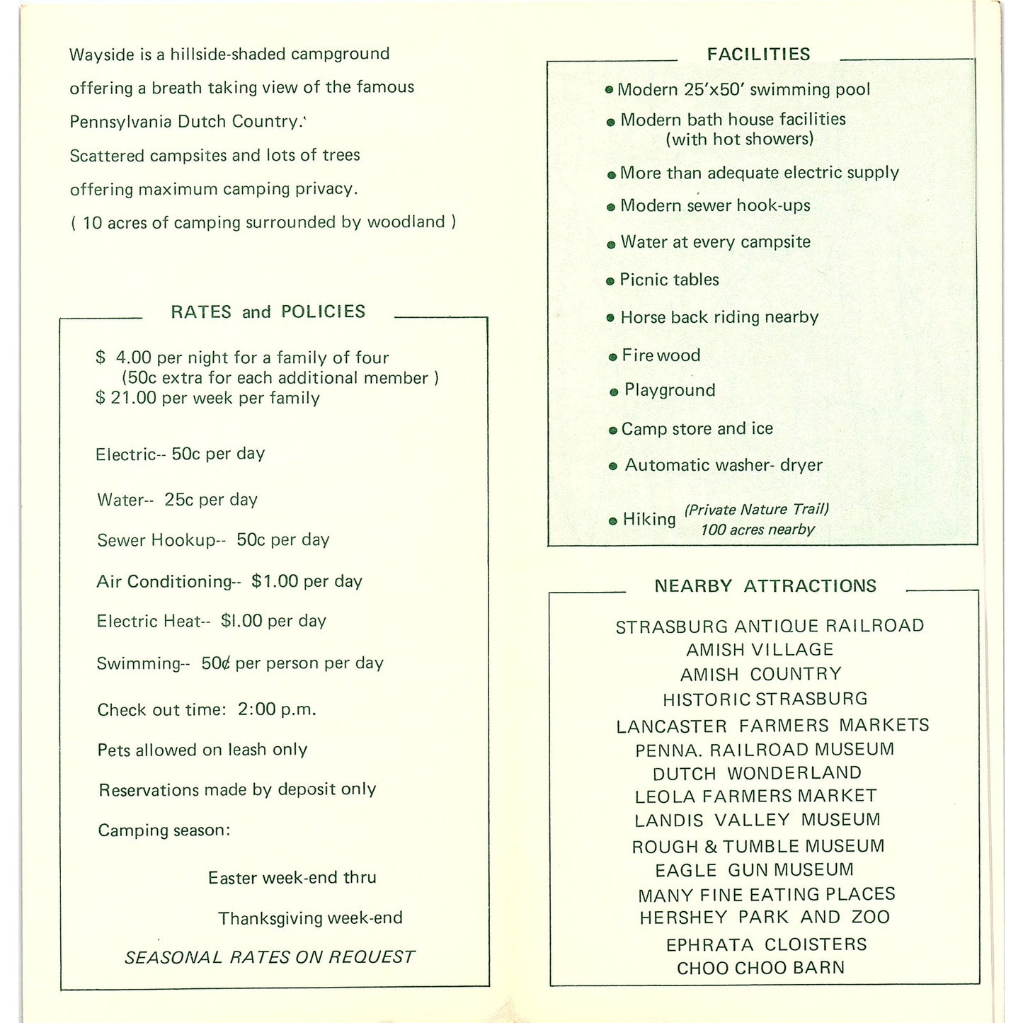 Wayside Woodland Camping Strasburg Lancaster Cty PA Vtg Travel Brochure TH2-OP5