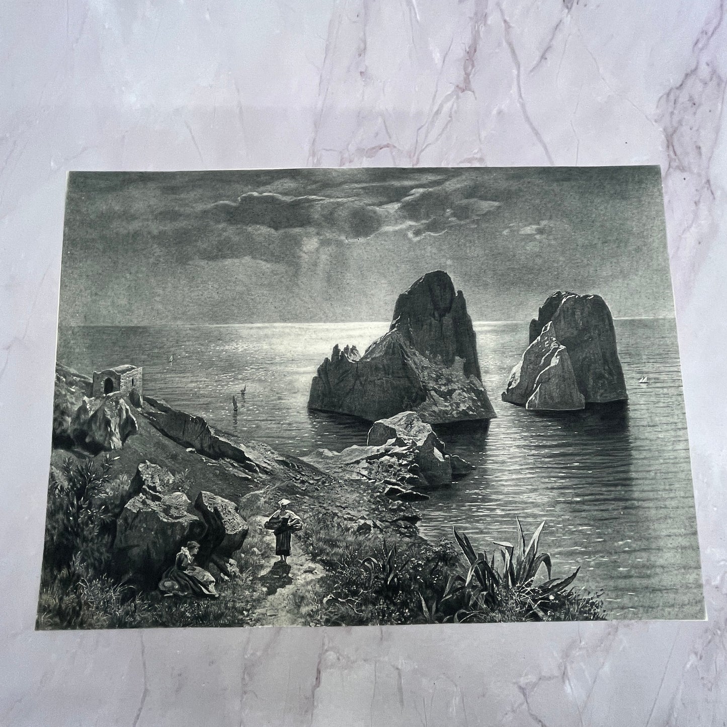 The Twin Rocks of Capri; I Faraglioni a Capri A. Leu Engraving 8x11" Print V21