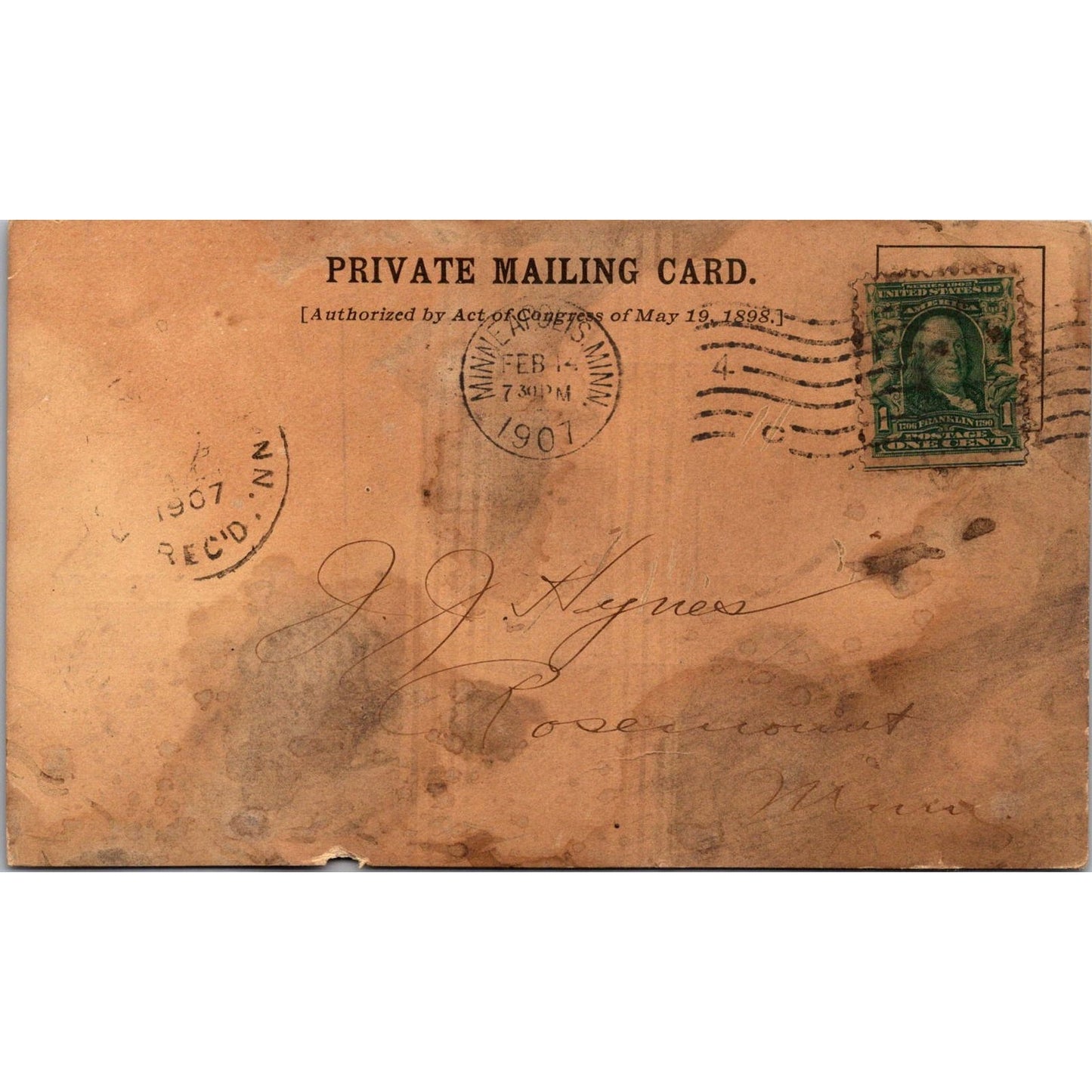 1907 The Security National Bank of Minnesota Postal Mailing Card AJ4-H3