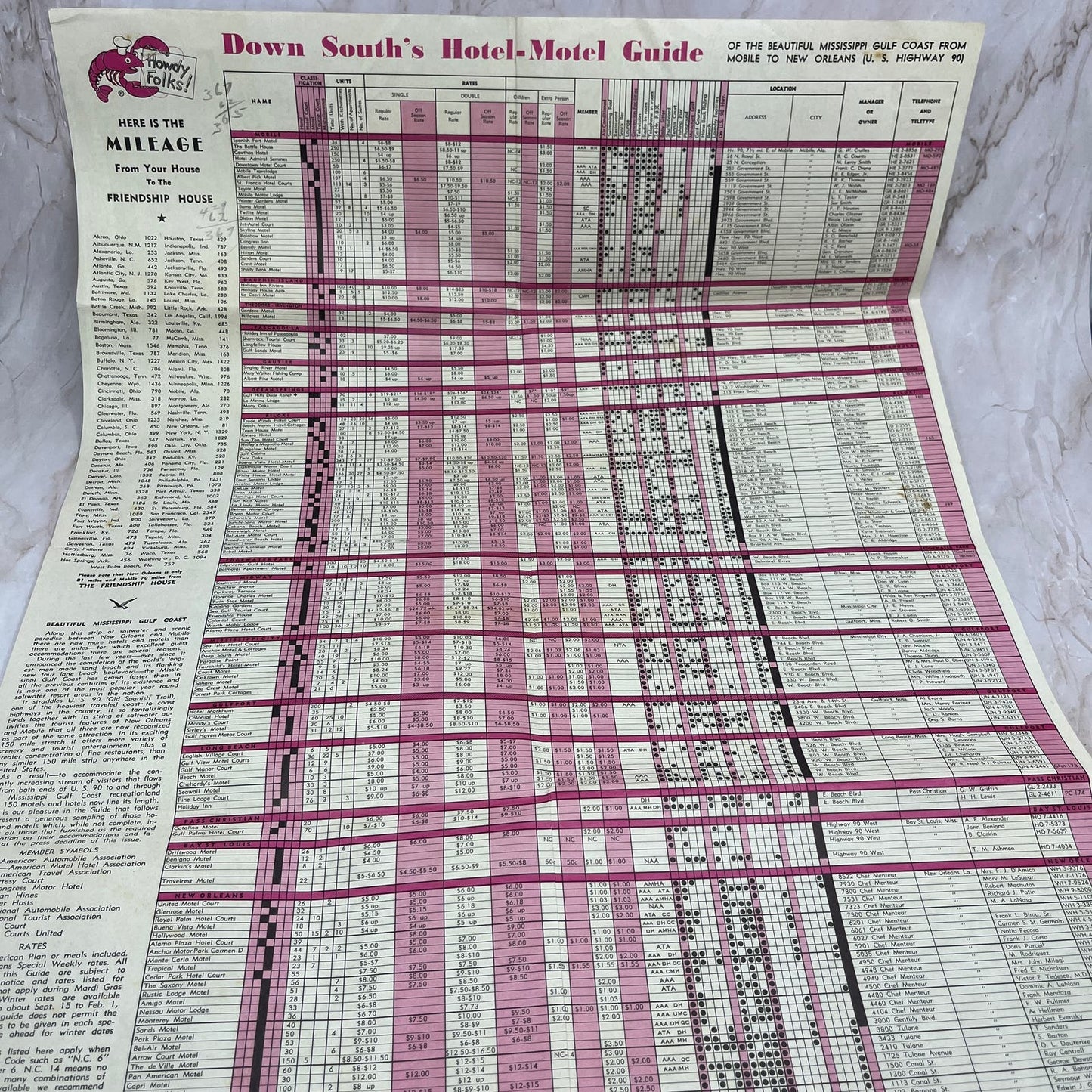 1960 Down South's Hotel Motel Guide Friendship House Biloxi MS Fold Out TG8-Z