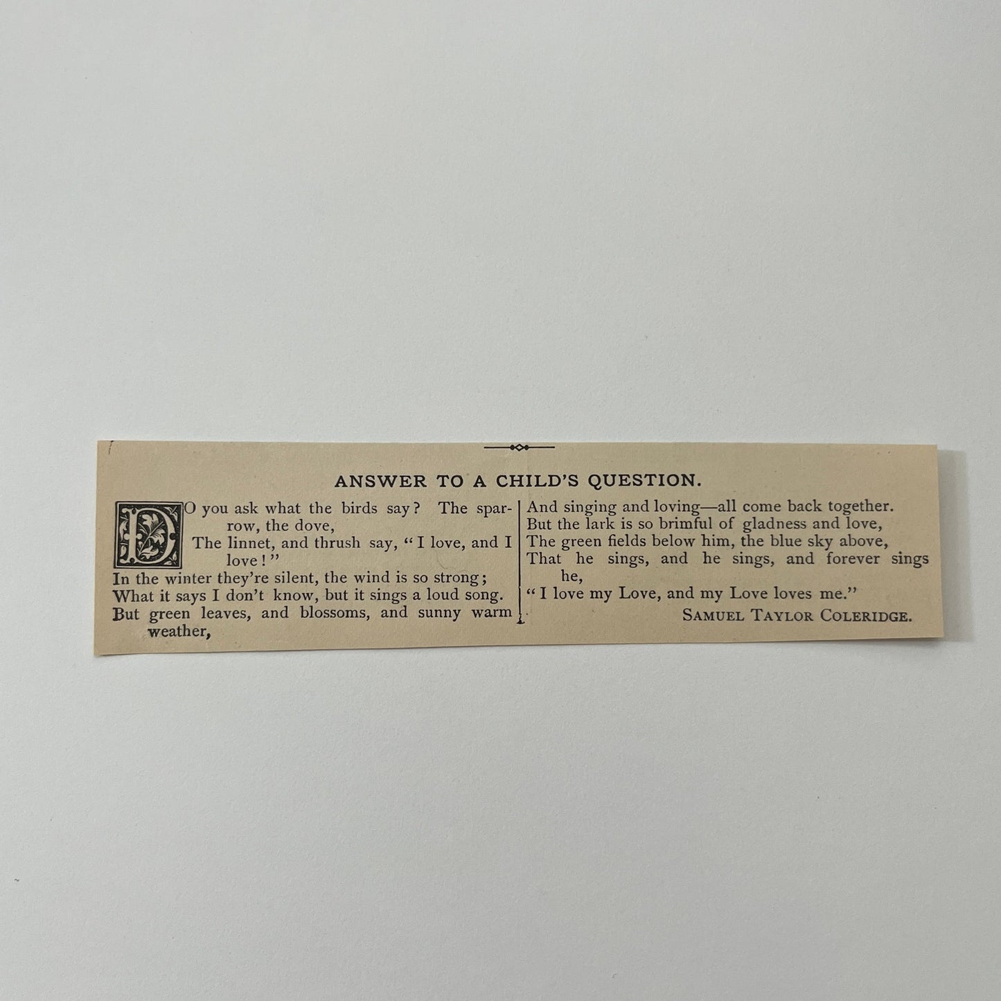 Answer to a Child's Question - Samuel Taylor Coleridge 1884 Poem AG3-M1