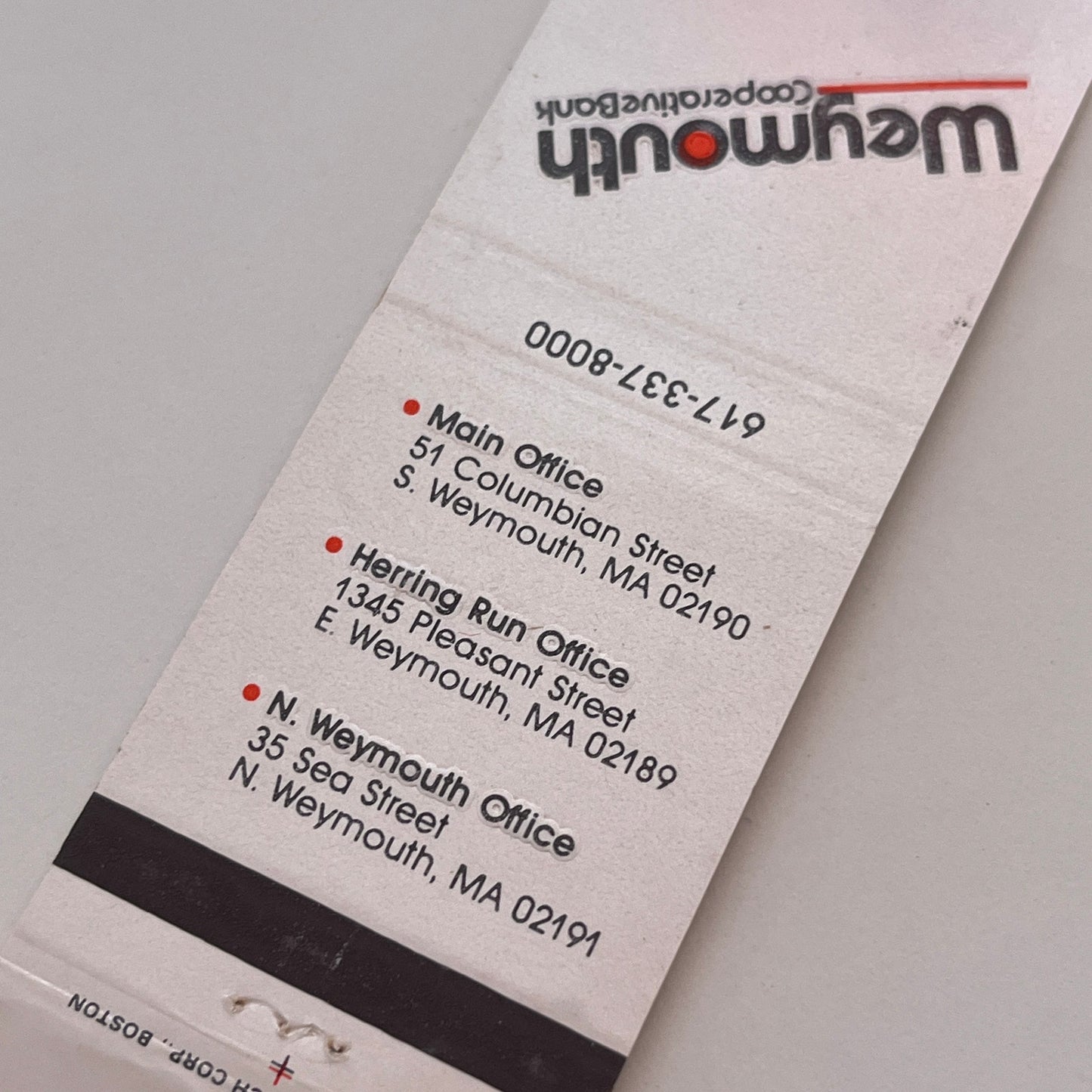 Weymouth Cooperative Bank MA Vintage Matchbook Cover TB6-MB2-3