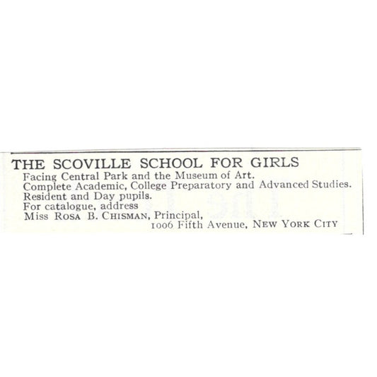 Scoville Girls School Rosa B Chisman Central Park NY 1924 Magazine Ad AD8-O7