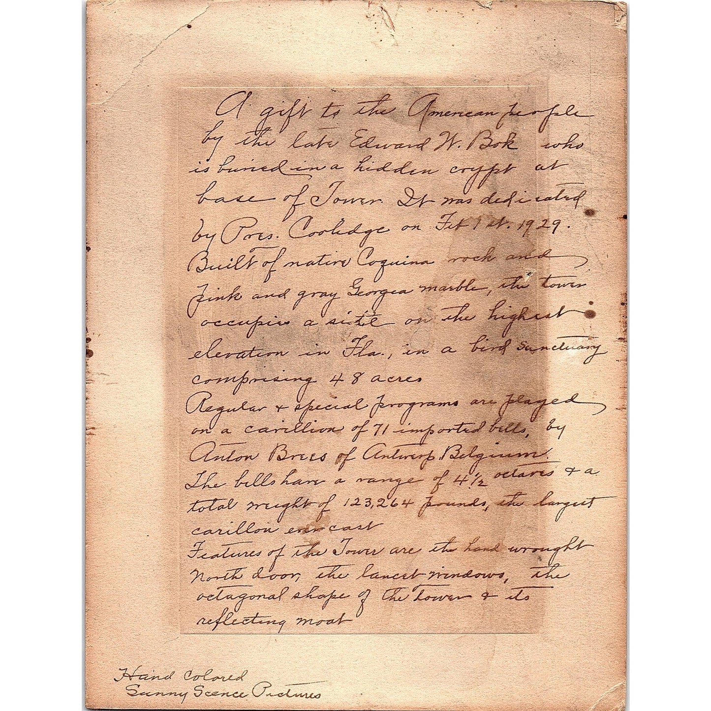 Singing Tower Lake Wales Florida Hand Colored Sunny Scene Pictures c1930 AF8-2