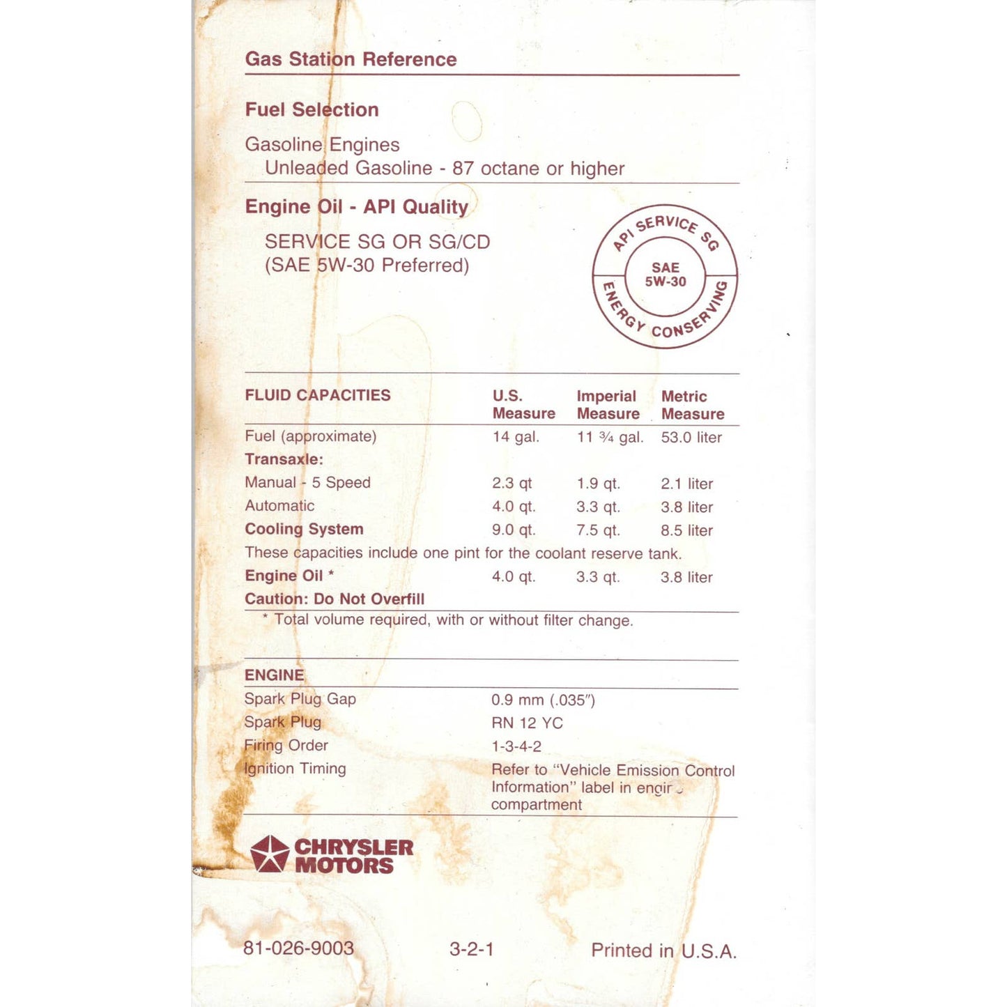 1989 Dodge Aries Owners Manual User Guide Reference Book Fuses Fluids TJ7