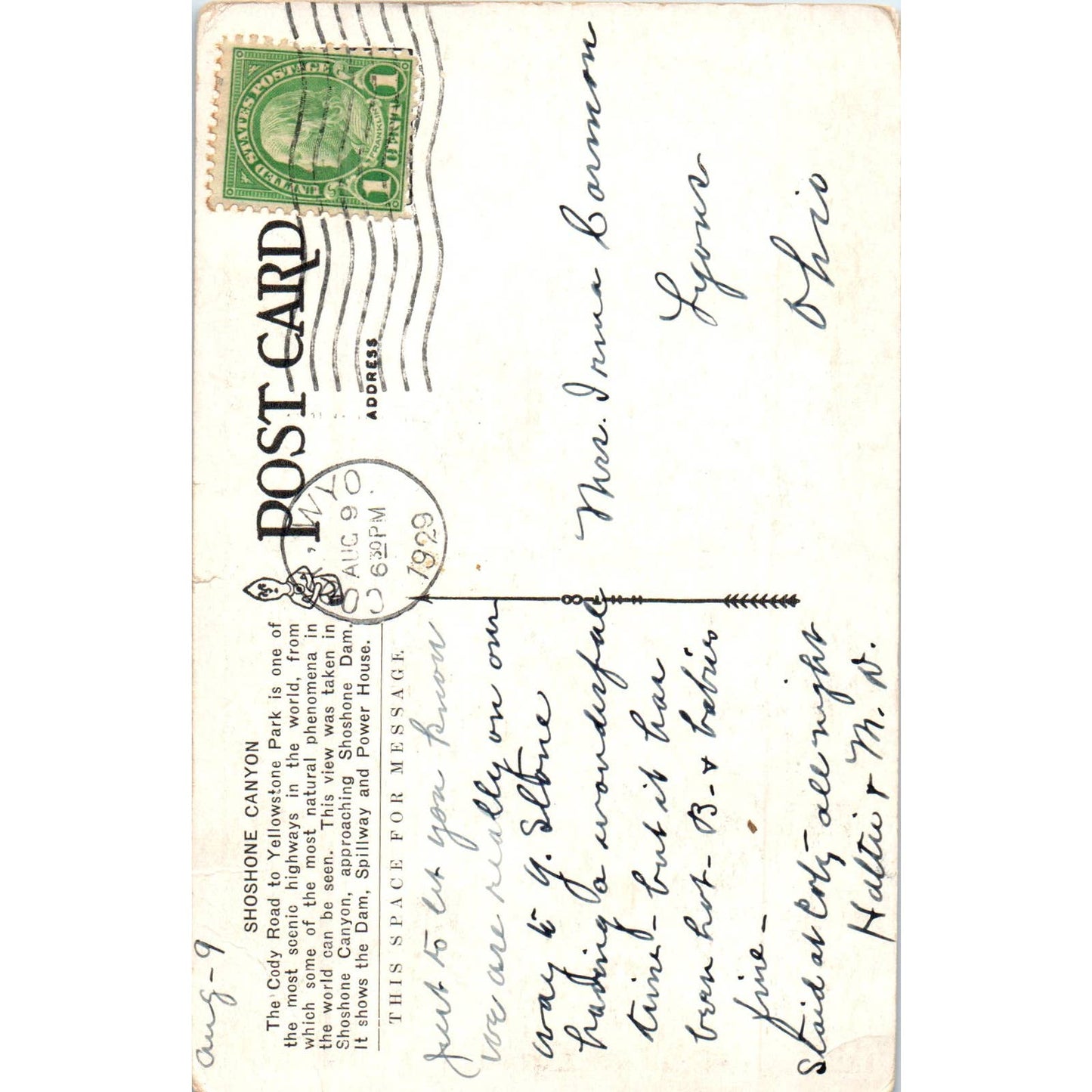 Shoshone Canyon Cody Road 1929 Yellowstone Park Original Postcard TK1-P15